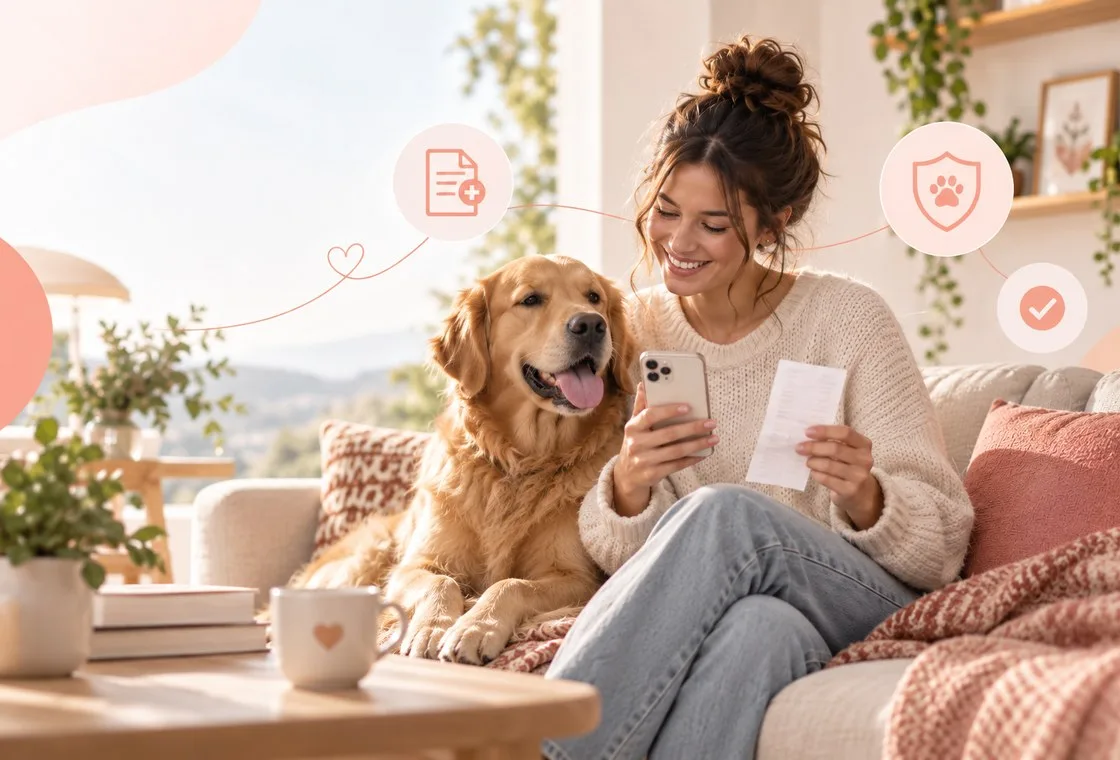Owner with golden-colored dog holding phone and paper on sofa